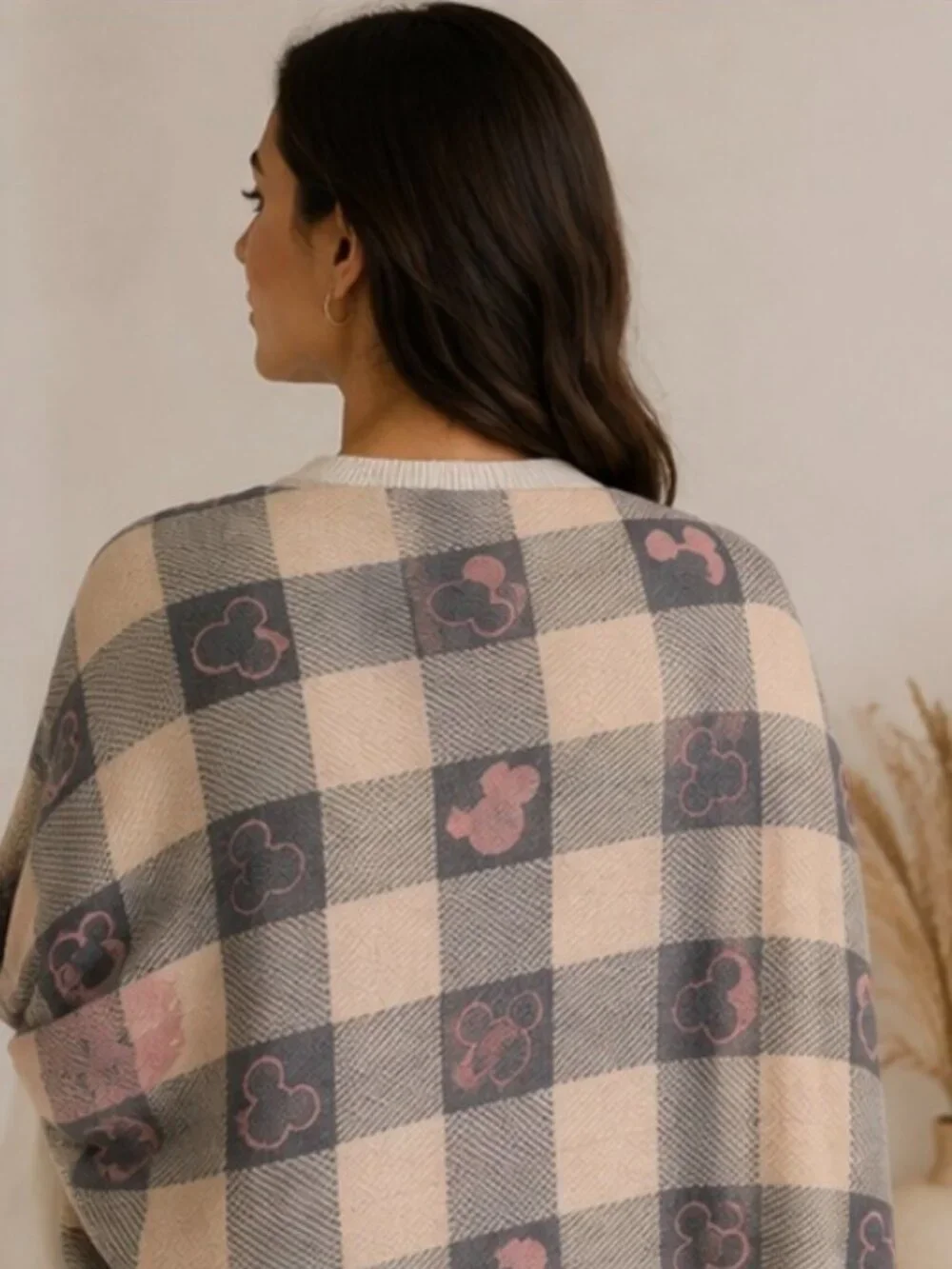 Disney Mickey Mouse Checkered Fringe Scarf Character Motif  Pink & Gray